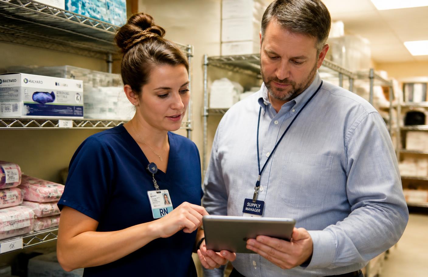A nurse and supply manager reviewing medical inventory together on a tablet